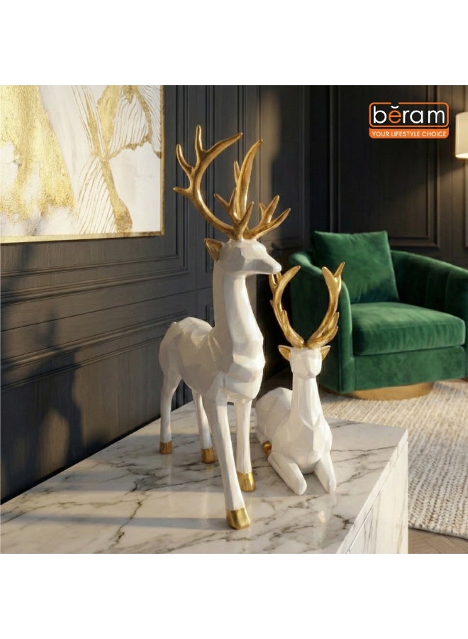 بيرام تمثال غزال عيد الميلاد بتصميم هندسي عصري باللون الأبيض مع تاج ذهبي، بحجمين كبير وصغير – ديكور غزال أنيق مصنوع من الراتنج الأبيض مع قرون ذهبية – قطعة فاخرة لتزيين المنزل في موسم الأعياد - Image 2